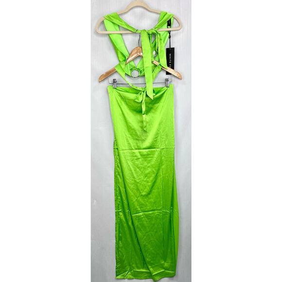 White Fox Got Game 2 Piece Satin Maxi Skirt & Crop Top Set Lime Green XS NWT - Picture 7 of 11